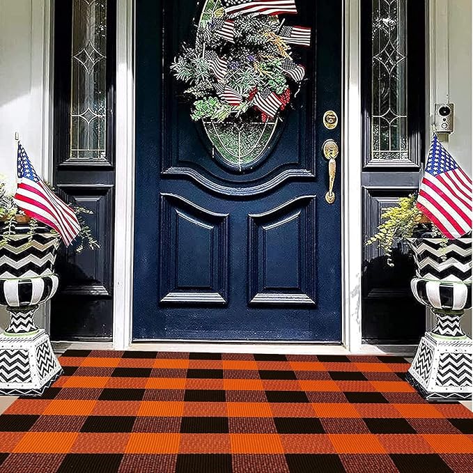 SEEKSEE Cotton Buffalo Plaid Rug 3'x5' Orange and Black Checked Rug Washable Doormats Indoor Outdoor Rugs for Layered Front Door Mats, Porch, Kitchen, Farmhouse, Entryway