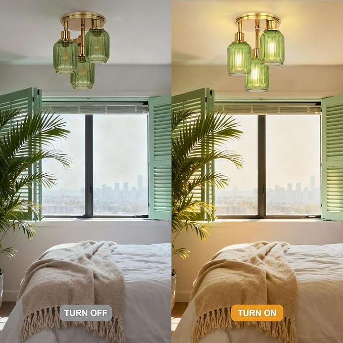 Semi Flush Mount Ceiling Light, 3-Light Close to Ceiling Light Fixtures, Brass Gold Finish Kitchen Light Fixtures with Green Glass Shade Patriot Lighting for Entryway Porch Hallway Foyer