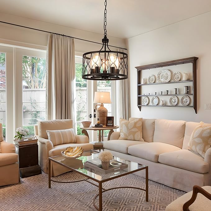 Black 15.74" Farmhouse Ceiling Light Fixture, Hight Adjustable, 5-Light Modern Industrial Metal Cage Pendant Lighting for Kitchen Island Dining Room Living Room and Entryway