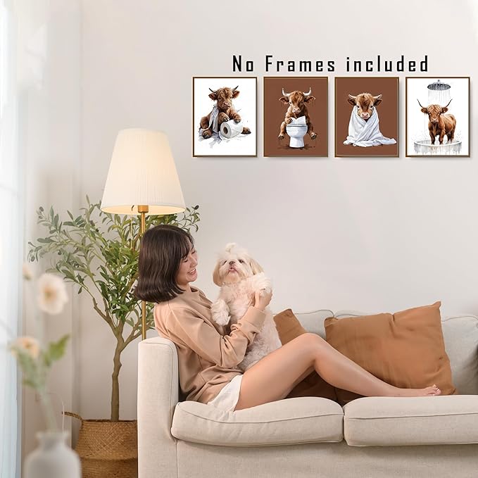 FITIE Funny Cow Bathroom Wall Art Posters Set of 4, Cow Bathroom Decor, Humorous Cute Bathing Fluffy Heifer Toilet Canvas Prints Artwork Wall Decor for Bath Room Washroom, 8x10 Unframed