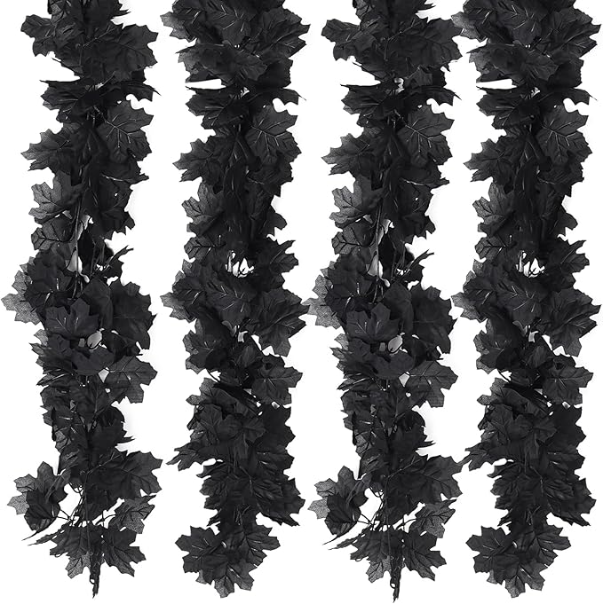 Fall Decor Fake Garland, Black Decorations Halloween Garlands, Autum Wall Hanging Maple Leaves, Artificial Maple Leaf Vine, Halloween Clearance,Fall Decoration for Home(4 Pcs Black)