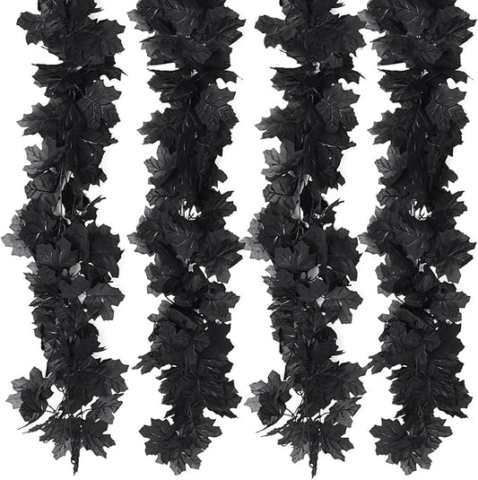 Fall Decor Fake Garland, Black Decorations Halloween Garlands, Autum Wall Hanging Maple Leaves, Artificial Maple Leaf Vine, Halloween Clearance,Fall Decoration for Home(4 Pcs Black)