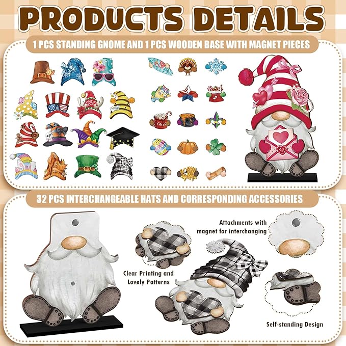 Blulu Interchangeable Wooden Gnome Decor DIY Holiday Seasonal Fall Gnomes Halloween Tiered Tray Decoration with Magnet Pieces Halloween Welcome Sign for Holiday Decorations(Retro Watercolor)