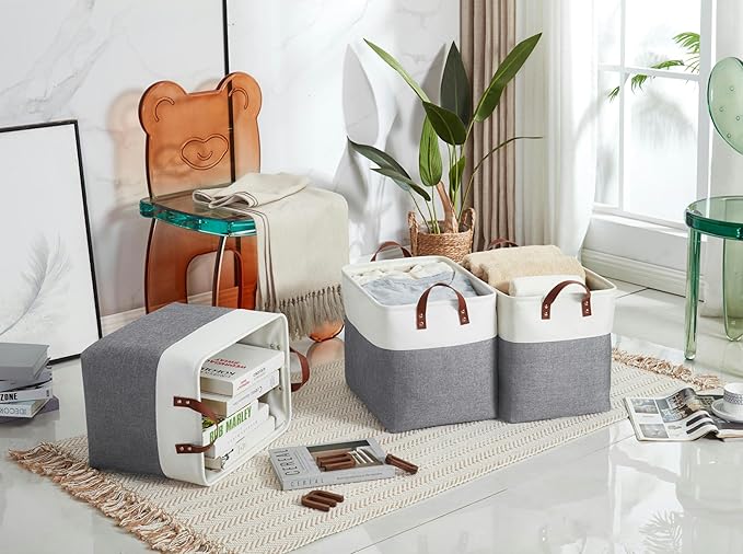 DECOMOMO Fabric Storage Basket Large Closet Storage Bins for Toys Nursery & Laundry Storage (Slate Grey & White, XXL - 3 Pack)