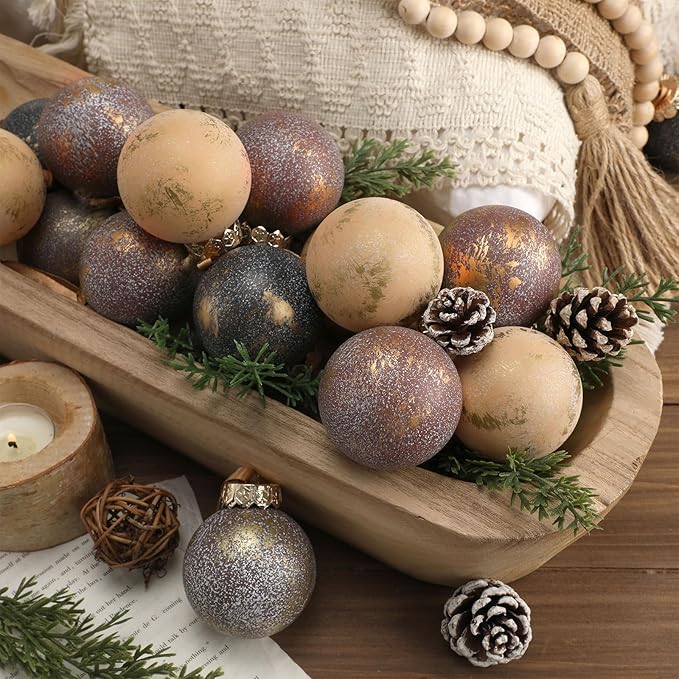 24 Pcs Neutral Textured Christmas Ball Ornaments 2.36'' Vintage Christmas Tree Decor Modern Rustic Brown Ornaments with Loop Shatterproof Hanging Ball for Xmas Farmhouse Decor (Vintage Copper)