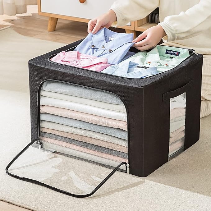 2 Pack Clothes Storage Bins Foldable Metal Frame Storage Box Large Capacity Linen Fabric Organizer Set with Carrying Handles and Clear Window (Black, 19.7x 15.7x 12.6 Inch)