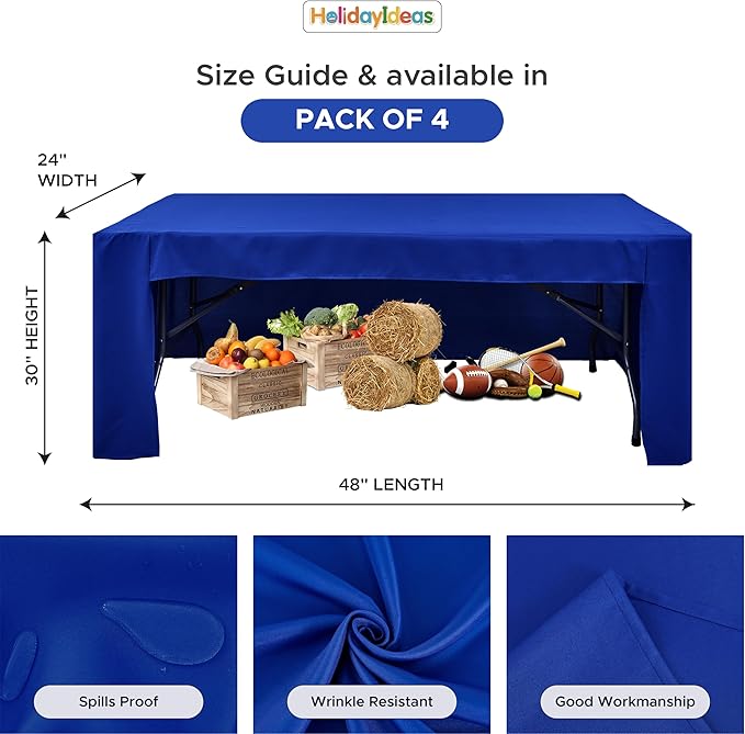 Open Back Fitted Tableclothss for 4 Ft Rectangle Table, 3-Sided Solid Table Covers 24x48 Inch for Craft Fairs, Banquets, Trade Show Display, Royal Blue,4 Pcs