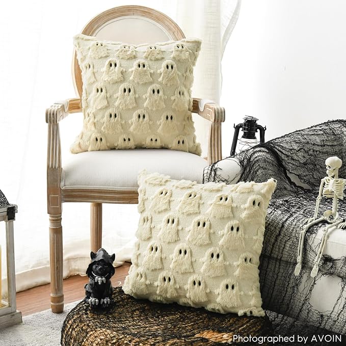 AVOIN colorlife Halloween Ghost Beige Throw Pillow Cover Set of 2, 20 x 20 Inch Soft Plush Faux Fur Jacquard Spooky Cushion Case Decoration for Sofa Couch