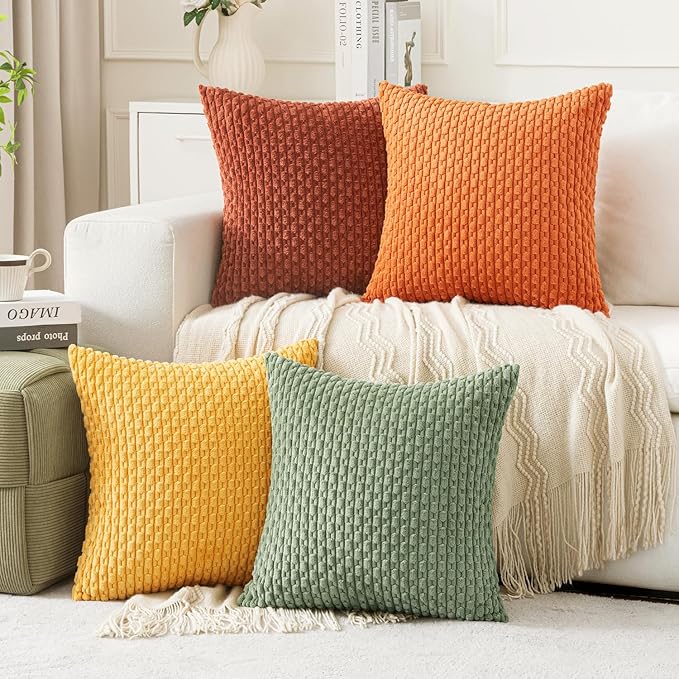 MIULEE Fall Burnt Orange Throw Pillow Covers Soft Couch Decorative Set of 4 Boho Striped Cushion Covers Corduroy Pillowcase Farmhouse Home Decor for Couch Bed Sofa Living Room 20x20 Inch Yellow Orange
