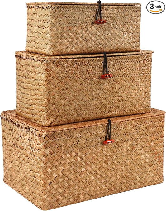 Wicker Shelf Baskets with Lid,Natural Seagrass Storage Basket Boxes Handwoven Rectangular Baskets Bins Multipurpose Home Organizer Decor (Large+Medium+Small)