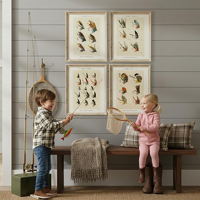 Vintage Fly Fishing Art Prints (Set of 4) - Unframed - 8x10 | Great Gift for Fisherman - Reproductions of Vintage Fishing Lure Drawings - Rustic Decor