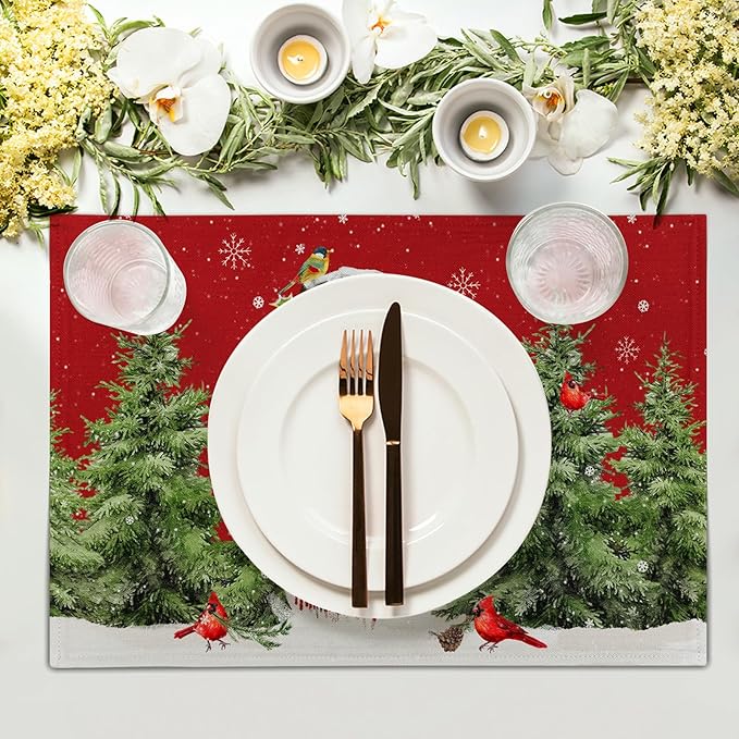 Snowman Placemats 12×18 Inches Set of 4 Holiday Trees Indoor Kitchen Dining Table Place Mats for Home Party Decoration