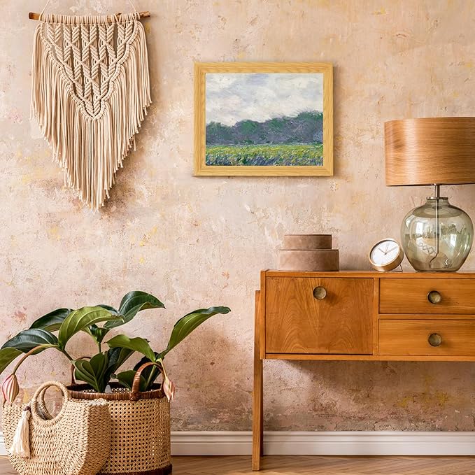 Brivoria Framed Canvas Wall Art Vintage Decor, Impressionist Meadow with Yellow Irises Bold Brushwork and Tree Line for Hallway Dining Room or Nature-Inspired Wall Decoration, 13"x16"