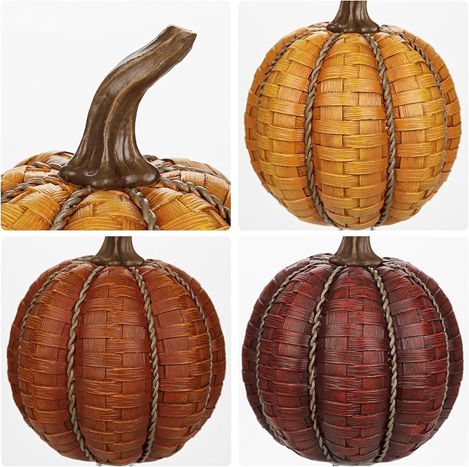 6 Inch Large Artificial Pumpkins, 3 Pcs Fall Pumpkin Decor Orange Clay Brown Dark Red Faux Resin Pumpkins Woven Pumpkin Centerpiece for Rustic Farmhouse Fall Thanksgiving Autumn Harvest Table Decor