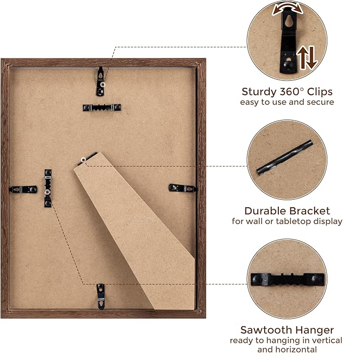 Picture Frame 8.5x11, Natural Oak Wood 8.5 x 11 Photo Frame, 8.5 by 11 Frame for Wall, 8.5x11 Picture Frame with Mat for 6x8, Tempered Real Glass, Walnut Color, Set of 1