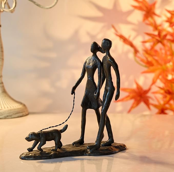 Couple and Dog Cast Iron Sculpture, Romantic Couple Love Metal Art Decor, Family Love Statue, Dog Lover Gifts for Couple