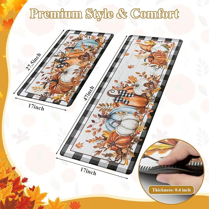 SHACOS Fall Anti Fatigue Kitchen Mats 2 Pcs Pumpkins Gnome Maple Leaves Black and White Checkered Rug Autumn Non Slip Cushioned Floor Mat for Kitchen Decor, 17x27.5+17x47, Pumpkins Black Plaid