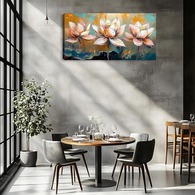 Large Zen Canvas Wall Art Pink Lotus Flower Picture Wall Decor Landscape Painting Artwork Framed for Bedroom Living Room Kitchen Room Office Home Decor 40L x 20W