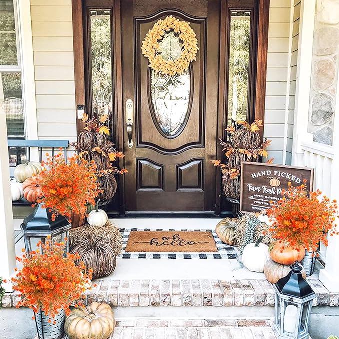 Uieke 6 Bundles Artificial Fall Flowers UV Resistant No Fade Fake Outdoor Plants Faux Plastic Plant Greenery for Outside Garden Porch Sidewalk Trim Window Box Décor Autumn Orange