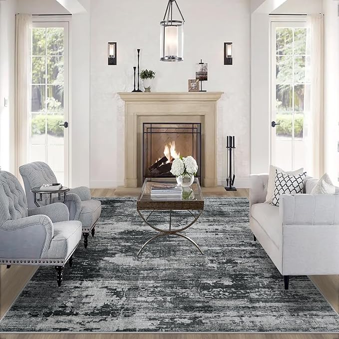 Area Rugs 9x12 Living Room: Large Machine Washable Area Rug with Non Slip Backing Non Shedding Abstract Stain Resistant Carpet for Bedroom Dining Room Nursery Home Office - Black
