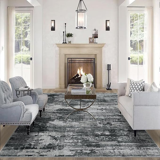 Area Rugs 9x12 Living Room: Large Machine Washable Area Rug with Non Slip Backing Non Shedding Abstract Stain Resistant Carpet for Bedroom Dining Room Nursery Home Office - Black