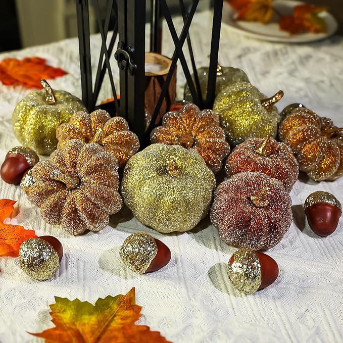 Glitter Mini Pumpkin Decor Indoor 22PCS Halloween Pumpkins for Fall Decorations for Home Fall Centerpieces for Tables Outdoor Harvest Thanksgiving Party/Acorns Autumn Fillers Decor