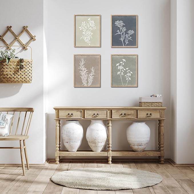 Framed Boho Wall Art Set of 4 for Wooded Minimalist Botanical Print Wall Art for Rustic Vintage Farmhouse Home Kitchen Wall Decor (Brown, 12x16)