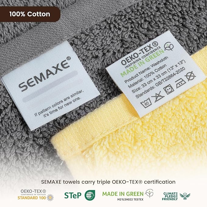SEMAXE 100% Cotton Washcloths 12-Pack, 13 × 13 Inch Soft Luxury Face Towels – Super Absorbent & Quick-Dry, Premium Cloth with Hanging Loop, Oeko-TEX Certified, Gift-Ready Box