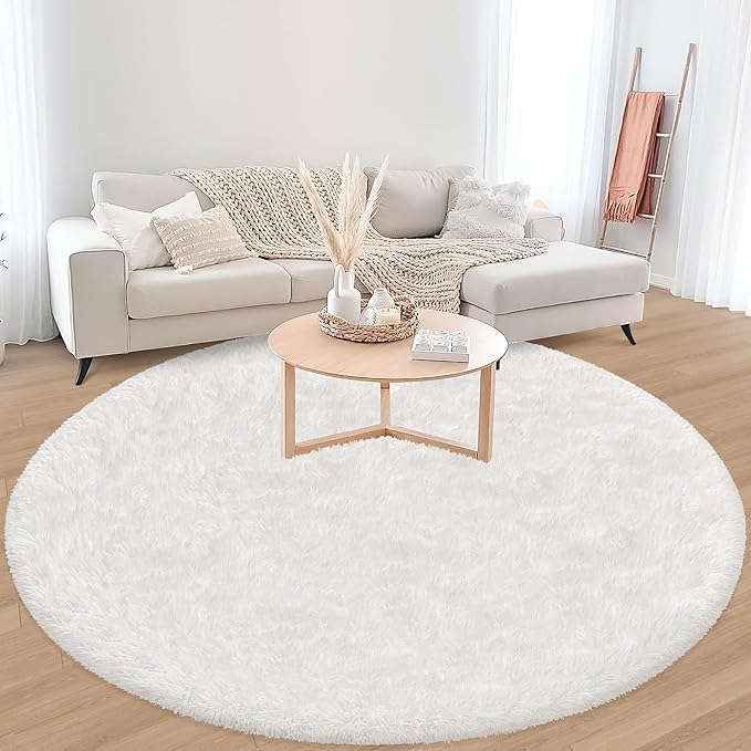 7x7 ft Tie Dye White Round Rug for Bedroom Room Fluffy Circle Rug Furry Carpet Shaggy Circular Fuzzy Washable Non-Slip Large Area Rug Soft Indoor for Living Room Cute Aesthetic Home Decor