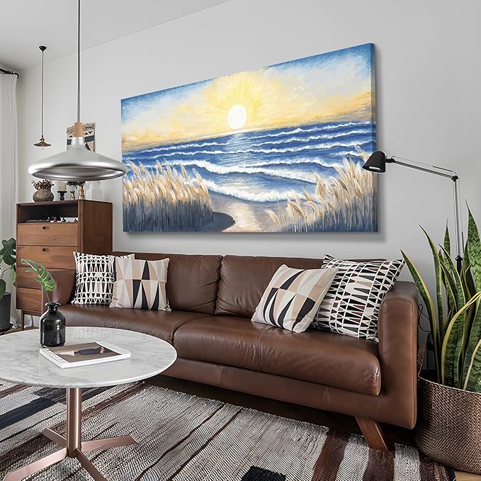 Large Canvas Wall Art for Living Room Blue Ocean Beach Sunset Sea Waves Nature Landscape Seascape Painting Seaside Reeds Pictures Seashore Coastal Serene Artwork for Home Lake Bedroom Office 60x30inch
