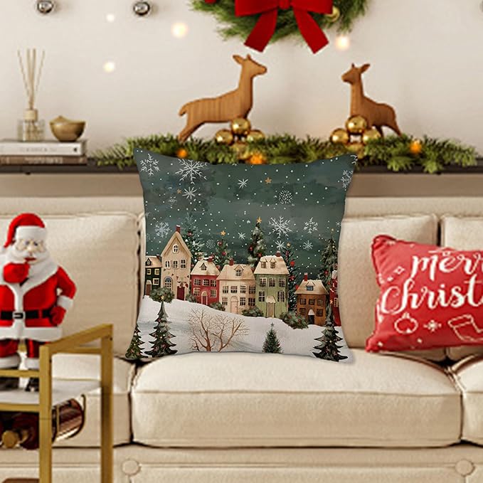 Winter Decorative Rectangle Pillow Cover 20 x 20, Wonderland Forest House Snowflake Vintage Porch Outdoor Pillowcase, Christmas Holiday Seasonal Farmhouse Cushion Case Home Decor