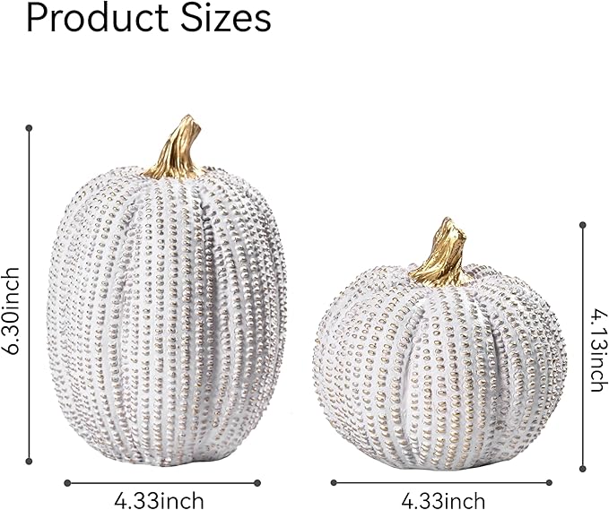 Fall Pumpkin Decor, Resin Pumpkin Figurine Set of 2, Decorative Fake Pumpkin for Decorating, Light Gray and Gold Glitter Pumpkins with Dots for Home Table Centerpiece, Wedding, Thanksgiving