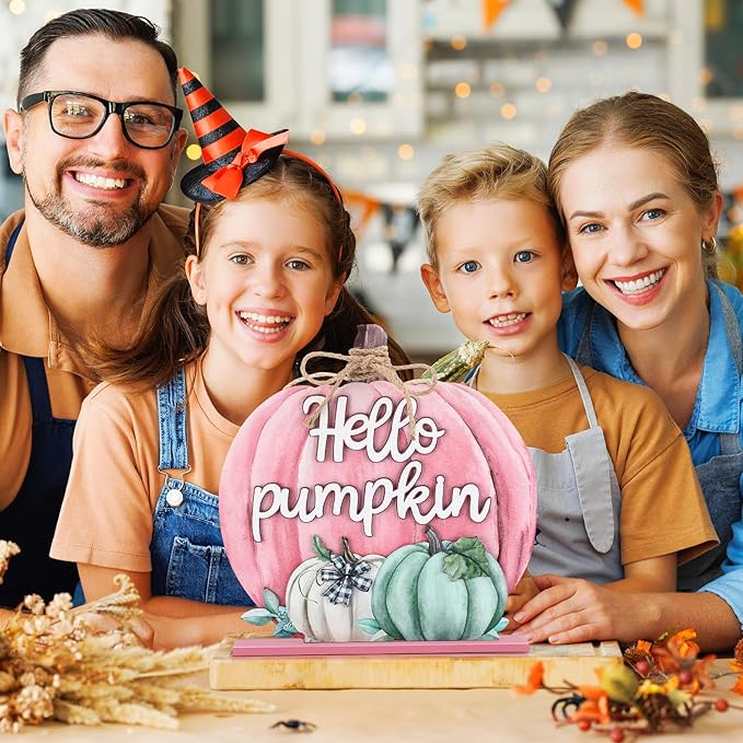 Soaoo Fall Decoration Wooden Fall Hello Pumpkin Sign Autumn Pumpkin Table Decor 11 Inch Wooden Autumn Desktop Ornament for Farmhouse Home Living Room Harvest Day Thanksgiving Decor(Pink,Lovely)