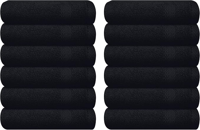 GLAMBURG Ultra Soft 12-Piece Washcloths Set 13x13-100% Ringspun Cotton - Durable & Highly Absorbent Face Towels - Ideal for use in Bathroom, Kitchen, Gym, Spa & General Cleaning - Black