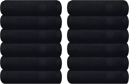 GLAMBURG Ultra Soft 12-Piece Washcloths Set 13x13-100% Ringspun Cotton - Durable & Highly Absorbent Face Towels - Ideal for use in Bathroom, Kitchen, Gym, Spa & General Cleaning - Black