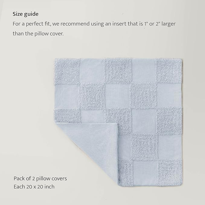 Double Stitch Checkered Throw Pillow Covers - 100% Cotton Set of 2 Tufted Boho Decorative Pillow Covers 20x20, Made in India, Square Cushion Case, Modern Home Decor for Couch, Sofa, Arctic Blue