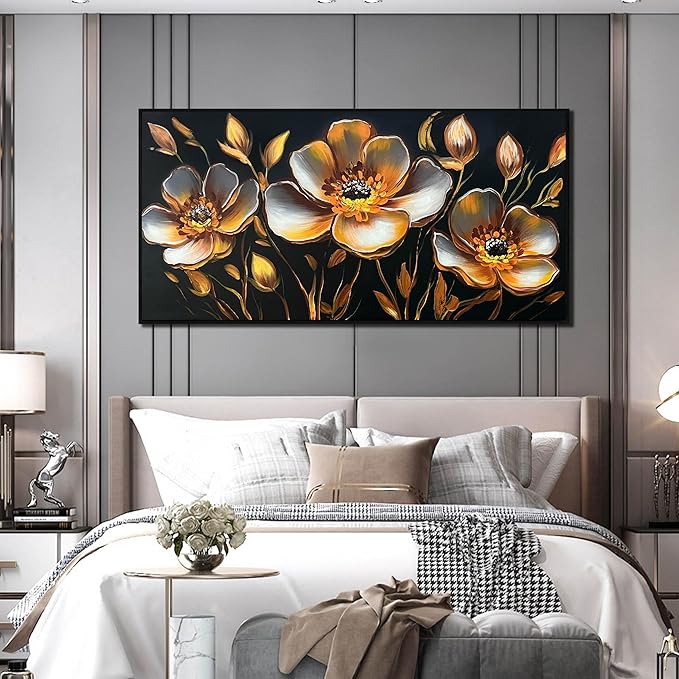 Gold Flower Canvas Art Wall Decor for Bedroom - Gold and Black Art Work for Living Room Walls - Framed Hand Painted Wall Art Size 29" x 59"