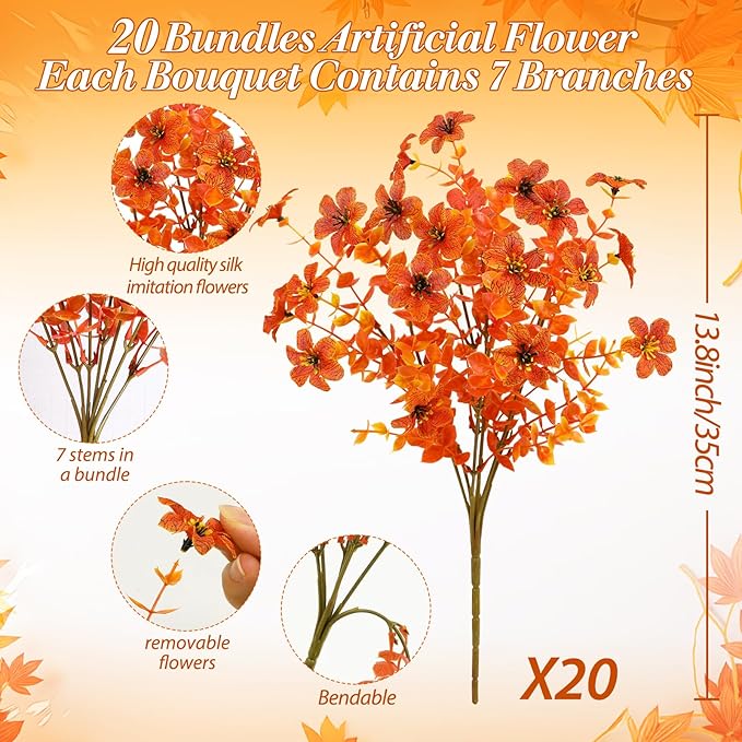 SHareconn 20 Bundles Artificial Fall Flowers for Outdoors Decoration, Fake Silk Daisy Realistic Faux Plants UV Resistant for Planter Home Porch Patio Autumn Indoor Outside Decor, Sunset Red Orange
