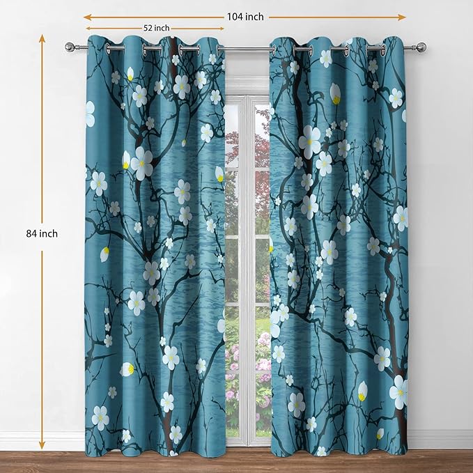 Jekeno Flowers Floral Blackout Curtains Japanese Cherry Blossom Spring Decor Home Bedroom Living Room Blue Darkening Grommet Window Drapes 2 Panel Set, 52"x84"