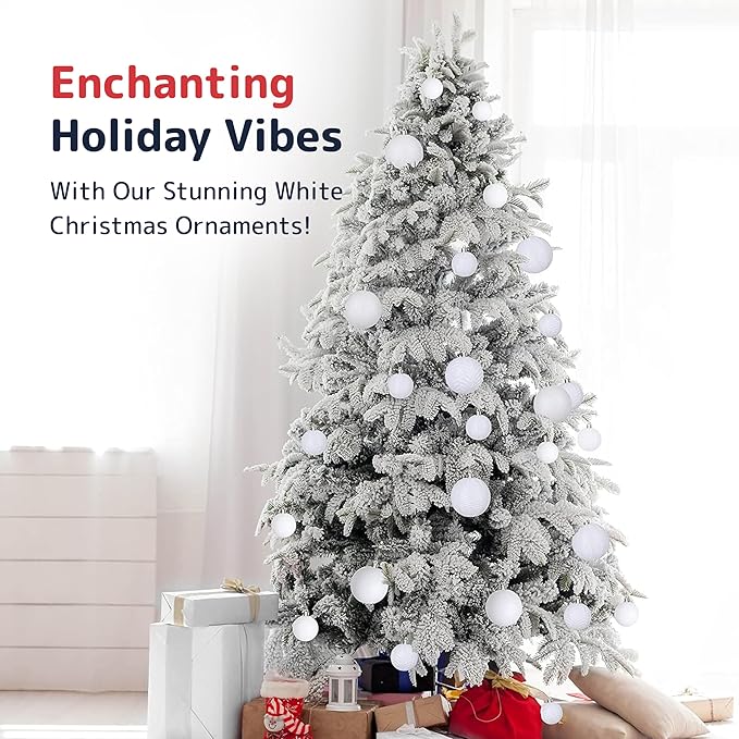 Prextex 36pc Shatterproof White Christmas Balls Ornament Set - Festive Christmas Tree Ornaments in 3 Different Sizes and 6 Styles - Holiday Decoration with Hanging Loops for Tree, Wreath, Party Decor