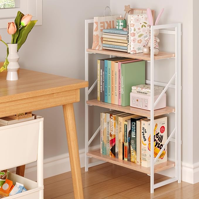 JSB No Assembly Folding Bookshelf, 3 Tier Industrial Metal Book Shelf for Storage, Vintage Wood Foldable Bookcase for Living Room, Bedroom, Office Organization Shelves