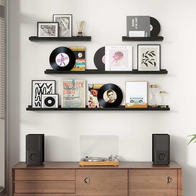 Picture Ledge Wall Shelves - 36 Inch Width Set of 3, Solid Pine Wood Rustic Floating Ledge Shelves for Kids' Room, Bedroom, Kitchen, Bathroom, Living Room, Nursery Display Wall Decor, Black