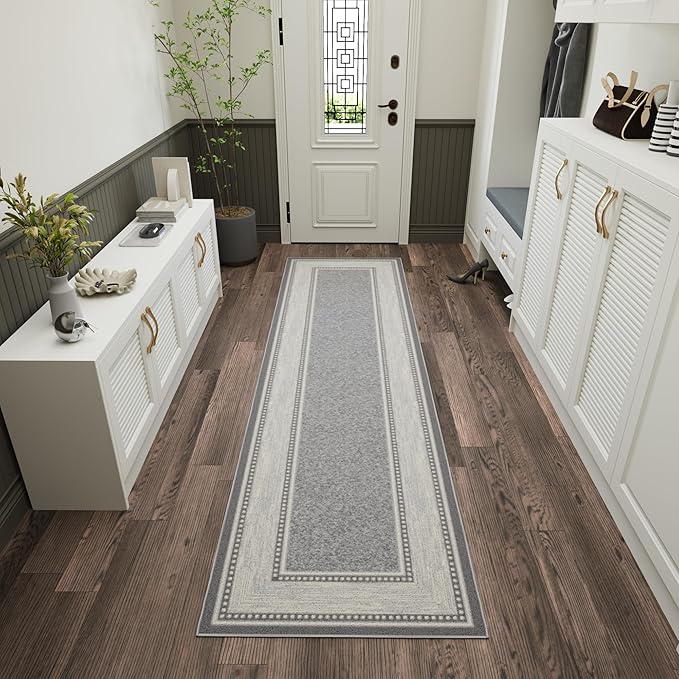 Ottomanson Hallway Runner Rug 2'7" x 9'10" Non Slip Border Area Rugs Easy to Clean Laundry Rug Runner Durable & Pet Friendly Floor Carpet Runners for Hallways Entryway Living Room Kitchen, Light Gray