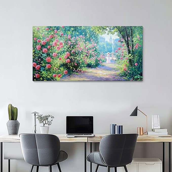 CHATYOUNG Canvas Wall Art Living Room, Blooming Roses Manor Landscape Painting Monet Style Wall Art Pink Flowers Picture Ready to Hang Bedroom Bathroom Kitchen Home Decor Gifts for Women 24"X48"