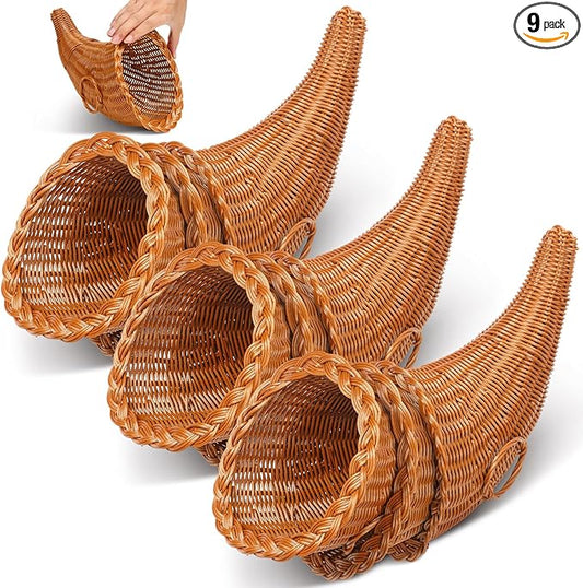 Dandat 9 Pcs Fall Cornucopia Basket 13.78 Inch Thanksgiving Horn of Plenty Autumn Table Decoration Harvest Cornucopia for Thanksgiving Table Centerpieces Fall Party Decorations