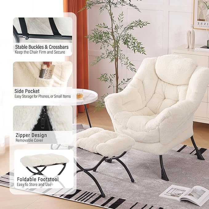 Lazy Chair with Ottoman, Modern Chair with Folding Footrest, Lounge Accent Chair, Comfortable Reading Chair for Bedroom, Study, Living Room, Courtyard (Plush Beige)