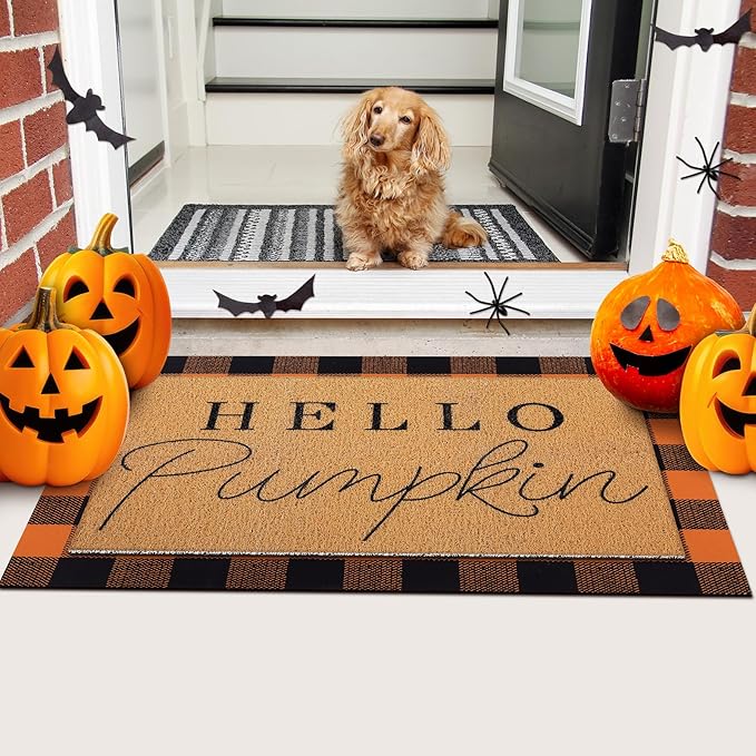 2 Pcs Halloween Door Mat Thanksgiving Hello Pumpkin Welcome Non Slip Coir Mats Fall Black Orange Buffalo Plaid Floor Layering Doormats Seasonal for Front Porch Entryway Decor(Black Orange)