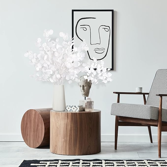 Sggvecsy 6 Pcs Eucalyptus Leaves Artificial Eucalyptus Stems Long Silver Dollar Leaves Faux Leaf Branches Fake Silk Eucalyptus for Spring Summer Home Festival Thanksgiving Christmas Decor (White)