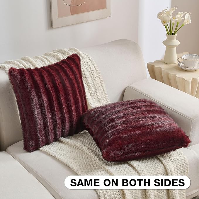 FUTEI Burgundy Decorative Throw Pillow Covers 22x22 Inch Set of 2,Soft Fluffy Faux Mink Fur Dyeing Striped Textured Cushion Case,Modern Home Decor for Couch Bed Living Room
