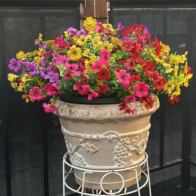 Artificial Flowers for Outdoor Indoor Garden Home Decoration, Faux Flower Daisy with Eucalyptus Leaves Fake Plants Greenery Boxwood Porch Patio, 12 Bundles (Mix Red Purple Yellow Fuchsia)